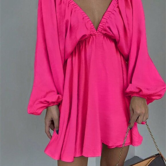 Rose Red Sexy Women's Solid Colored Deep V-Neck Lantern Sleeve Backless Dress - Picture 3 of 3